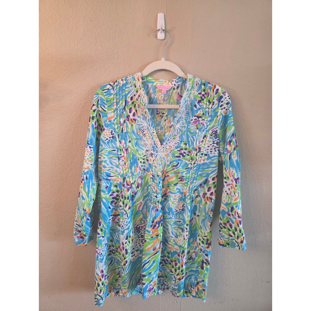 Lilly Pulitzer Sarasota Beaded Pintuck Tunic Top SZ Large Resort Vacation Beach